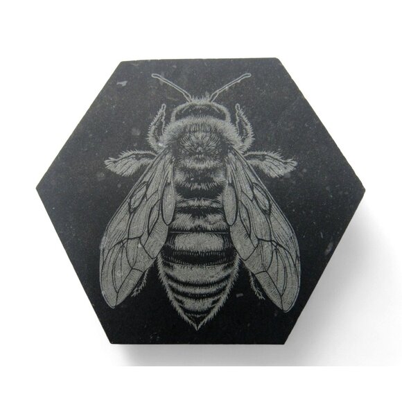 Hexagon BEE TILES Set of 7 Engraved Bees and Flower 3" Mosaic Tile - Picture 6 of 11